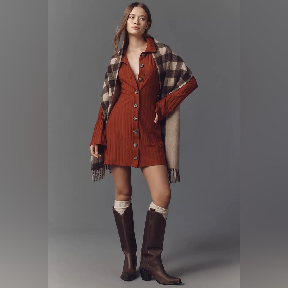 NWT! Reformation Benton Ribbed Button-Front Sweater Mini Dress 🟤 - Picture 3 of 9